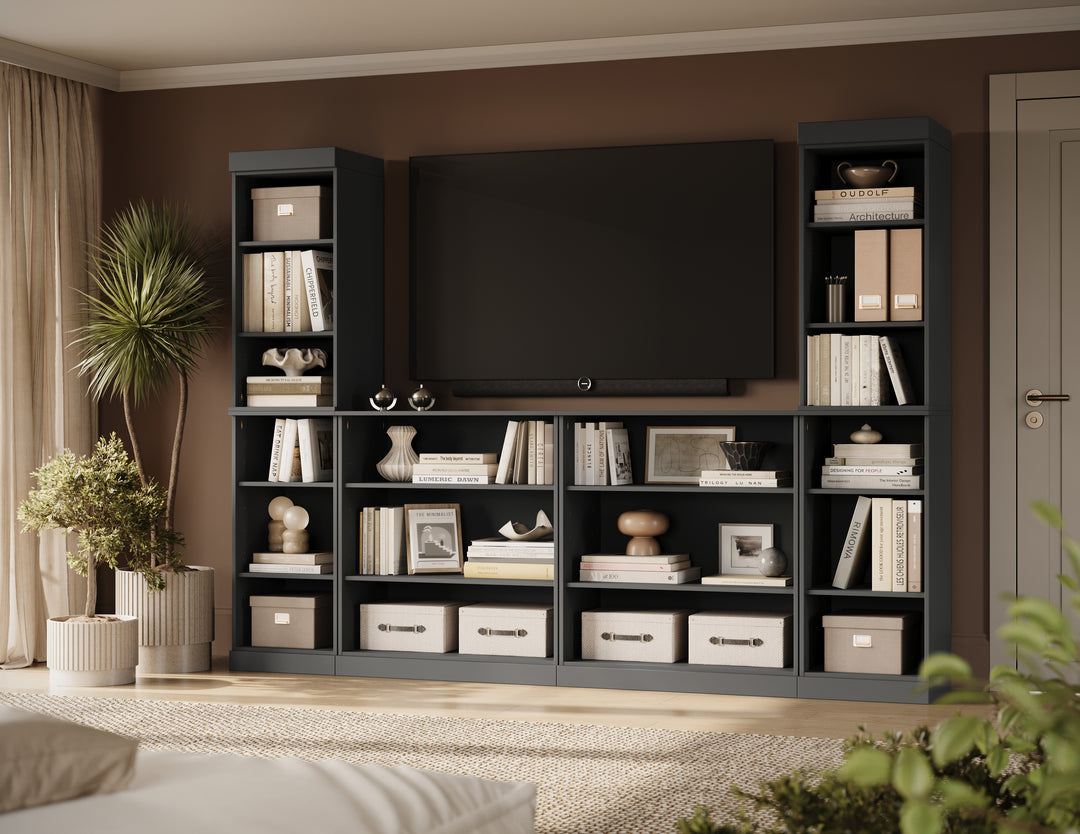 100% Solid Wood 6-Piece Entertainment Center Wall Unit with Storage, Open Cabinets, Adjustable Shelves, 97" W x 71.5" H