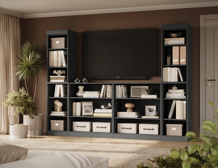 100% Solid Wood 6-Piece Entertainment Center Wall Unit with Storage, Open Cabinets, Adjustable Shelves, 97" W x 71.5" H