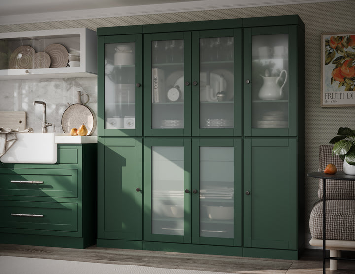 100% Solid Brazilian Pine Wood 65" Pantry Cabinet with Frosted Glass, Shaker Doors, 2-Drawers and Adjustable Shelves