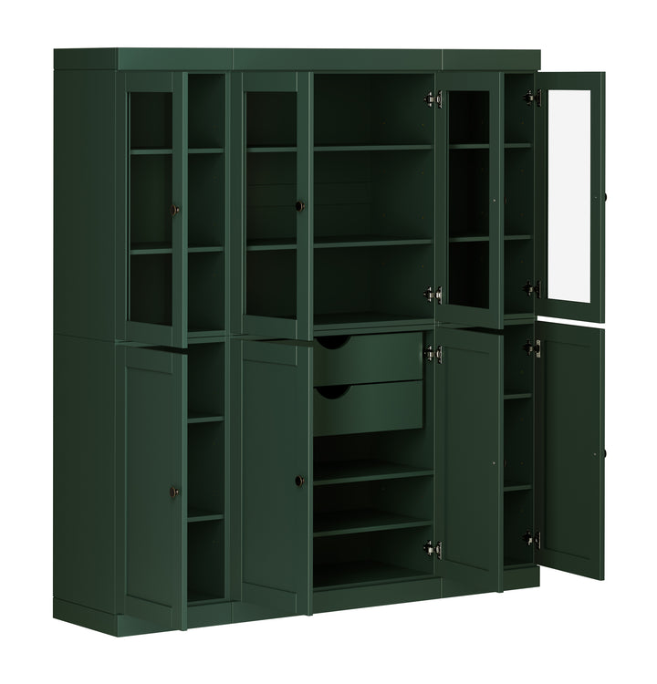 100% Solid Wood 65" China Pantry Cabinet, 4 Glass, 4 Shaker Wood Doors, 2-Drawers