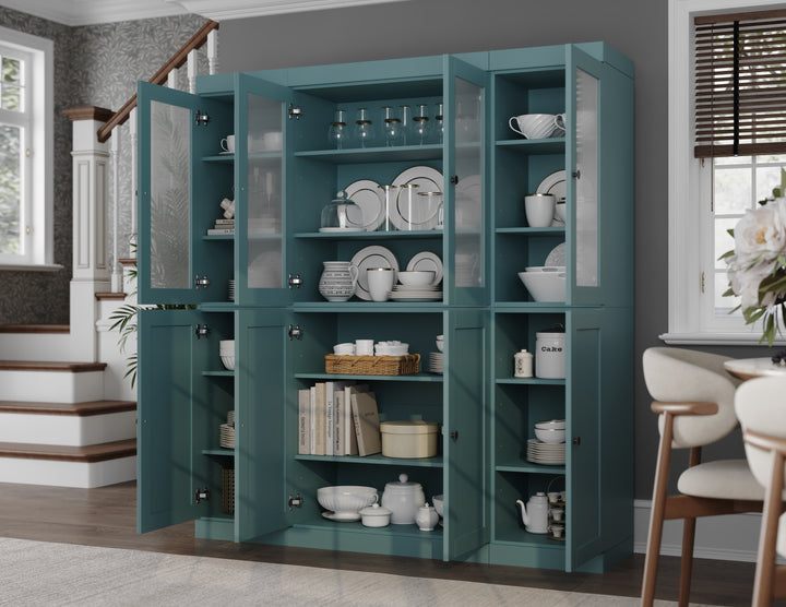 Aqua Inside View of Wood Kitchen Pantry Cabinet, Tall Freestanding Modular Storage with Frosted Glass & Shaker Doors, Adjustable Shelves, 65" W x 71.5" H
