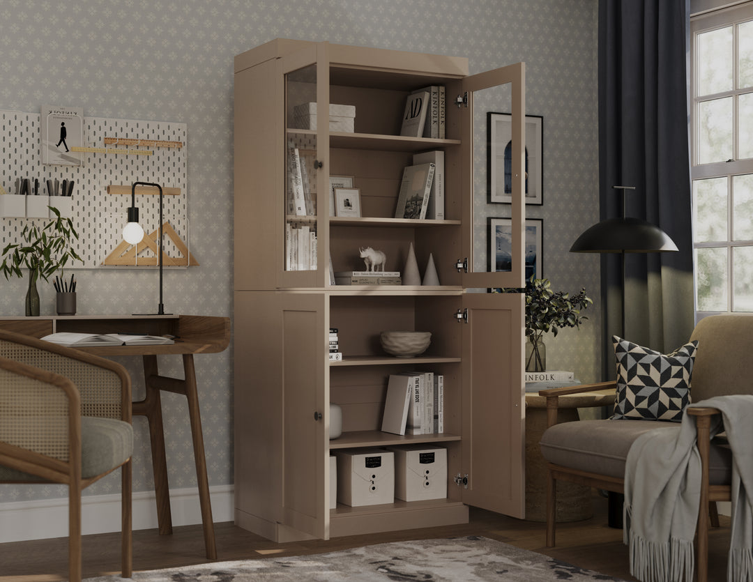 100% Solid Wood 6-Shelf 32" Bookcase, 2 Glass Doors, 2 Shaker Wood Doors, Adjustable Shelves