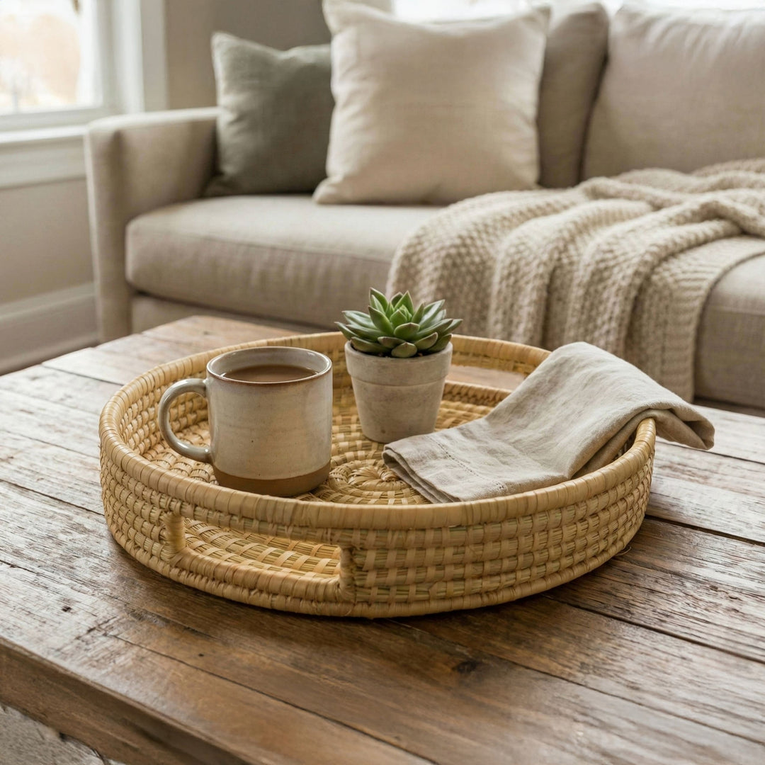 100% Handwoven Natural Rattan 15" Round Serving Tray, Boho Farmhouse Kitchen, Dining & Home Decor, Handcrafted – Authentic African Craftsmanship, Trays - Palace Imports
