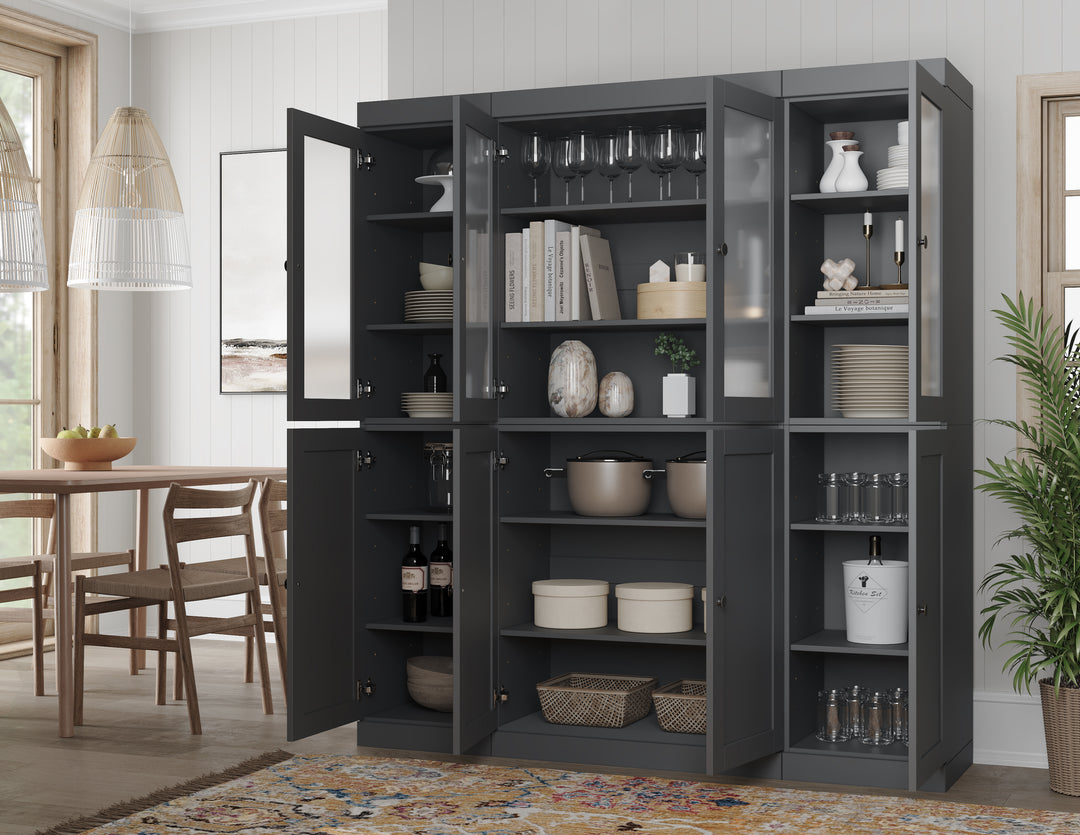Gray Inside View of Wood Kitchen Pantry Cabinet, Tall Freestanding Modular Storage with Frosted Glass & Shaker Doors, Adjustable Shelves, 65" W x 71.5" H