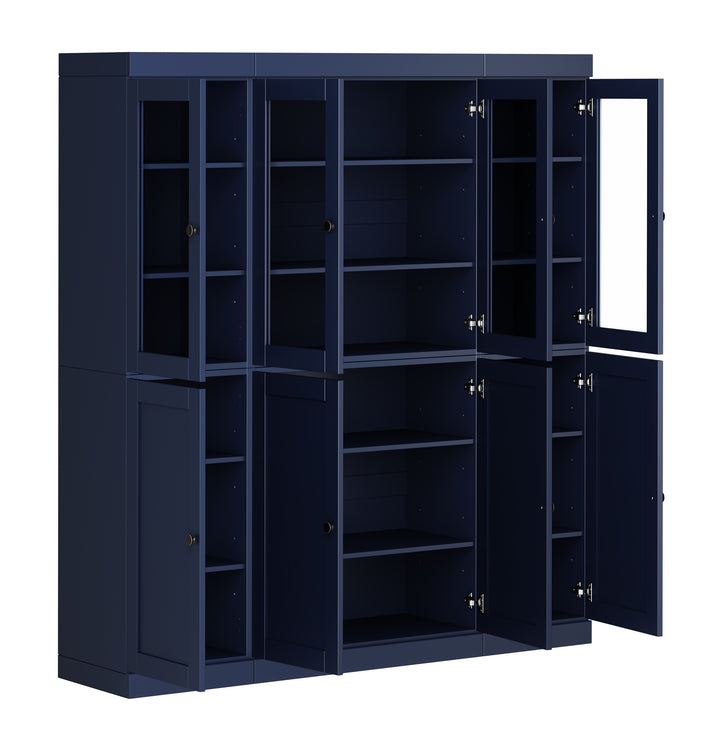 100% Solid Wood 65" China Pantry Cabinet, 4 Clear Glass, 4 Shaker Wood Doors