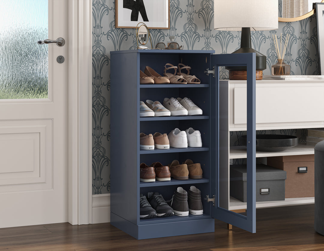 100% Solid Wood Narrow Glass Door Shoe Storage Cabinet with Adjustable Shelves, Space Saving Stackable Organizer, 16.5" W x 35.75" H