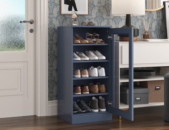 100% Solid Wood Narrow Glass Door Shoe Storage Cabinet with Adjustable Shelves, Space Saving Stackable Organizer, 16.5" W x 35.75" H