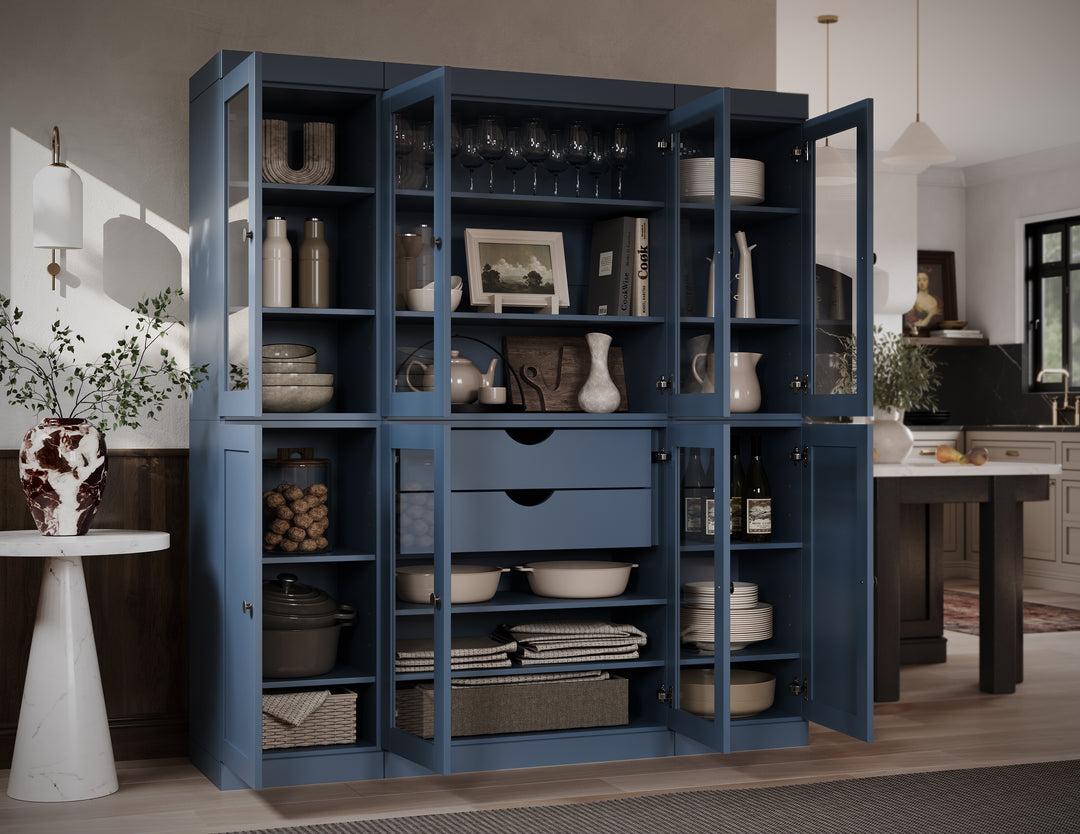 100% Solid Wood 65" China Pantry Cabinet, 6 Glass, 2 Shaker Wood Doors, 2 Drawers