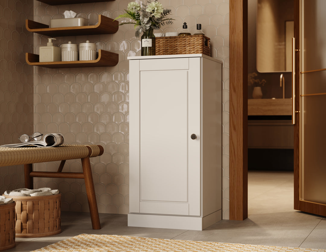 100% Solid Wood Bathroom Storage Cabinet, Raised Panel Door, 2 Drawers, Adjustable Shelves, 16.5" Wide, 35.75" Tall