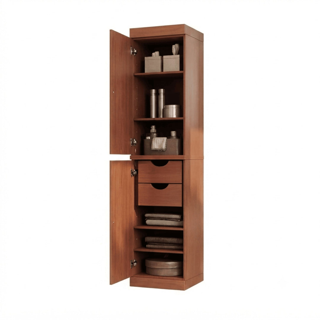 100% Solid Wood Bathroom Storage Cabinet, Raised Panel Doors, 2 Drawers, Adjustable Shelves, 16.5" Wide, 71.5" Tall