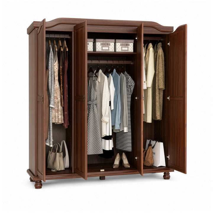 100% Solid Wood 4-Door Wardrobe Armoire with Raised Panel Doors, Bedroom Closet Storage - Kyle Collection