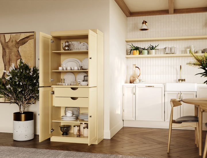 100% Solid Wood 32" Pantry Cabinet, Shaker Wood Doors, 2-Drawers