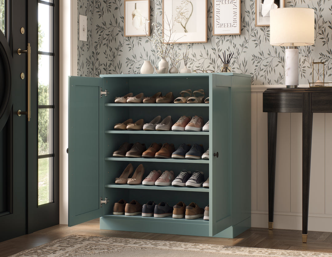 100% Solid Wood Shoe Storage Cabinet with Shaker Doors, Adjustable Shelves, Space Saving Stackable Entryway Organizer, 32" W x 35.75" H