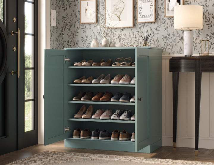 100% Solid Wood Shoe Storage Cabinet with Shaker Doors, Adjustable Shelves, Space Saving Stackable Entryway Organizer, 32" W x 35.75" H