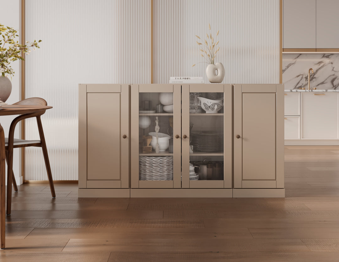 100% Solid Wood 65" Sideboard Cabinet, 2 Clear Glass, 2 Raised Panel Wood Doors, Adjustable Shelves