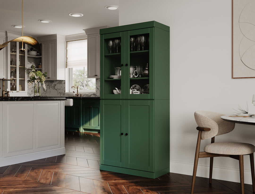 100% Solid Wood 32" Pantry Cabinet, 2 Clear Glass, 2 Shaker Doors, 2-Drawers