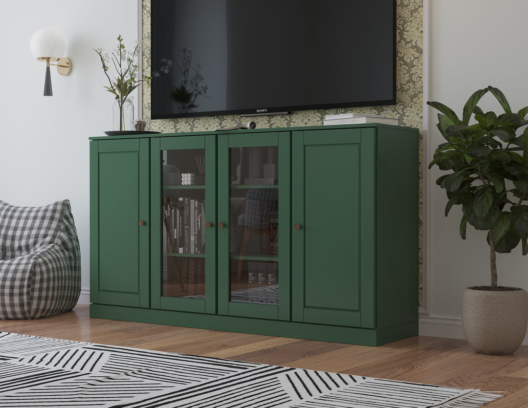 100% Solid Wood TV Stand for TVs up to 65" with Clear Glass, Raised Panel Doors, Adjustable Shelves