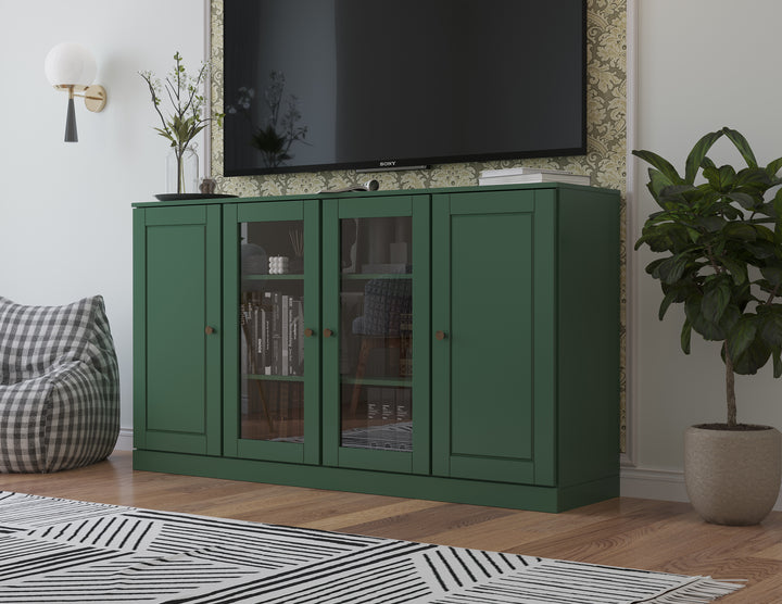 100% Solid Wood TV Stand for TVs up to 65" with Clear Glass, Raised Panel Doors, Adjustable Shelves