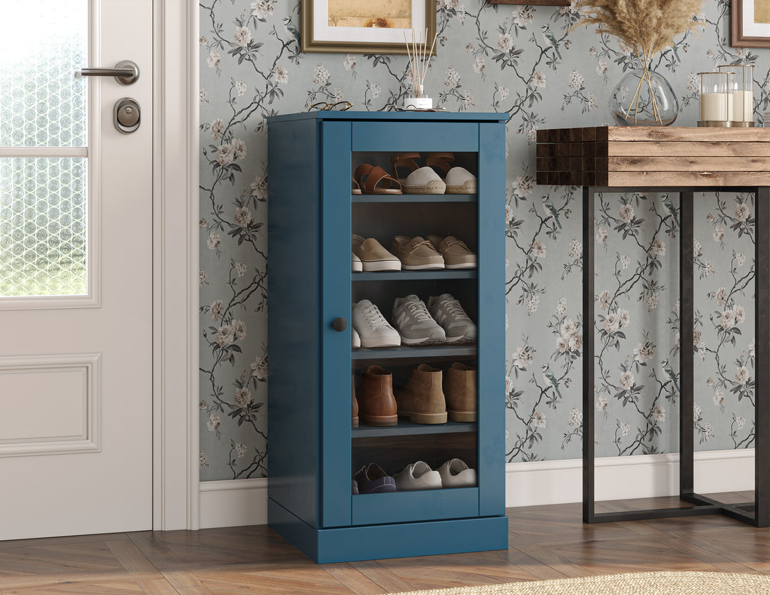 100% Solid Wood Narrow Glass Door Shoe Storage Cabinet with Adjustable Shelves, Space Saving Stackable Organizer, 16.5" W x 35.75" H