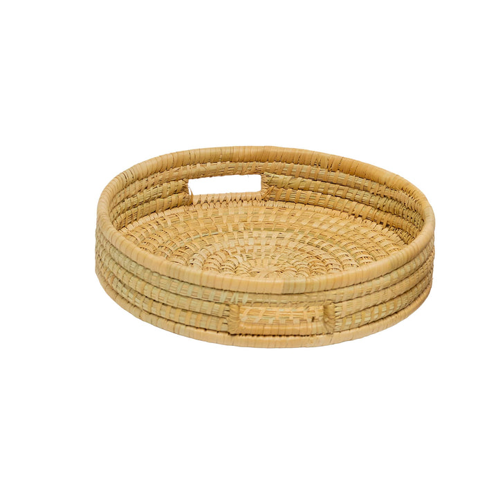 100% Handwoven Natural Rattan 12" Round Serving Tray, Boho Farmhouse Kitchen, Dining & Home Decor, Handcrafted – Authentic African Craftsmanship, Trays - Palace Imports