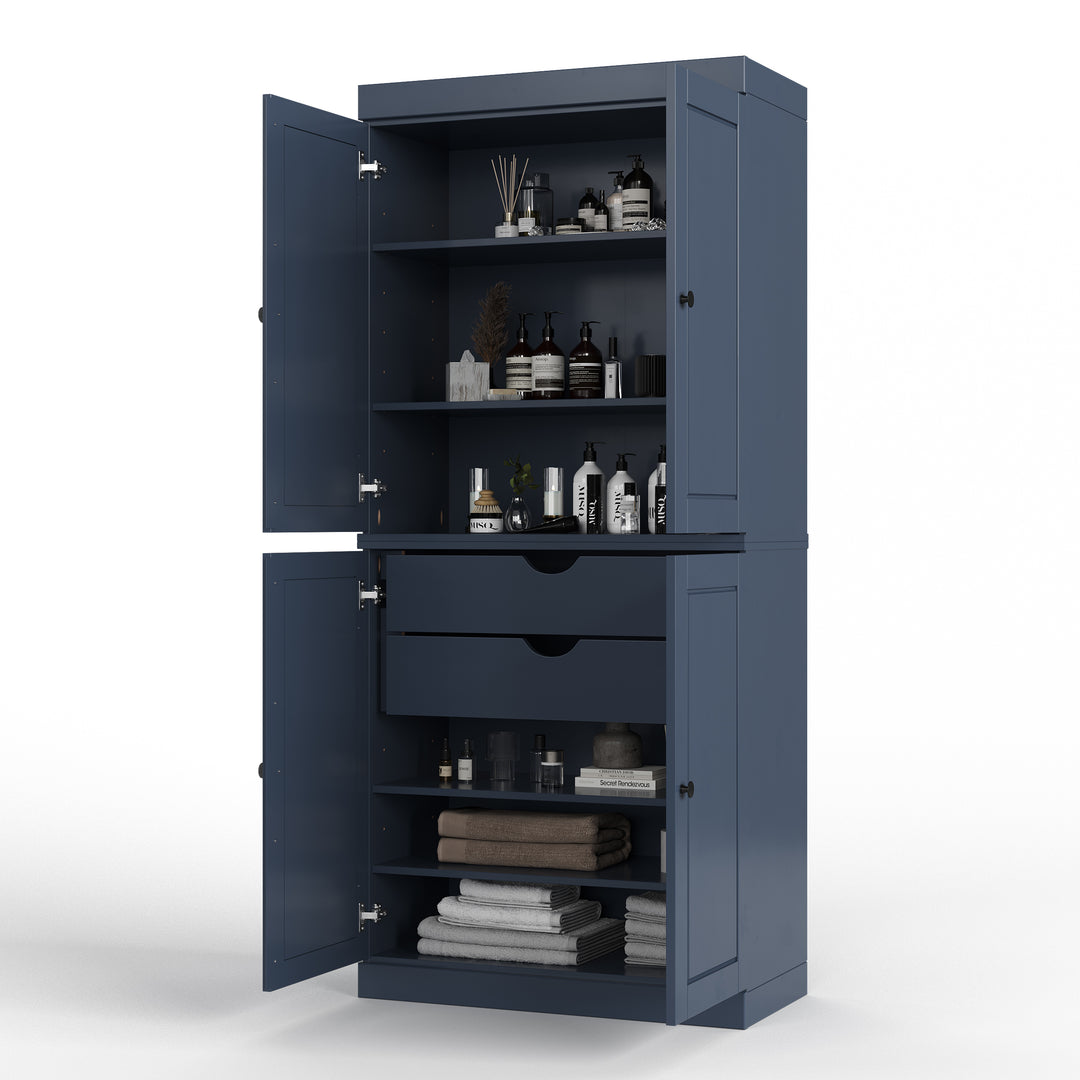 100% Solid Brazilian Pine Wood Bathroom Storage Cabinet, Raised Panel Doors, 2 Drawers, Adjustable Shelves, 32" Wide, 71.5" Tall