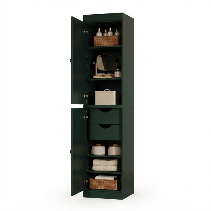 100% Solid Wood Bathroom Storage Cabinet, Raised Panel Doors, 2 Drawers, Adjustable Shelves, 16.5" Wide, 71.5" Tall