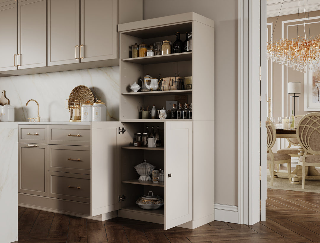 100% Solid Wood 32" Pantry Cabinet, 2 Shaker Wood Bottom Doors, 2 Drawers