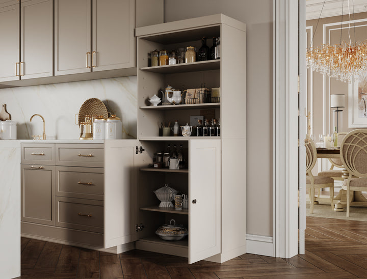 100% Solid Wood 32" Pantry Cabinet, 2 Shaker Wood Bottom Doors, 2 Drawers