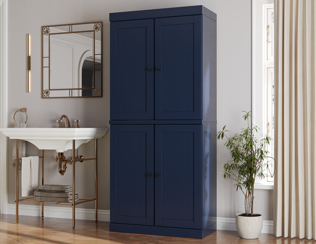 100% Solid Brazilian Pine Wood Bathroom Storage Cabinet, Shaker Doors, 2 Drawers, Adjustable Shelves, 32" Wide, 71.5" Tall