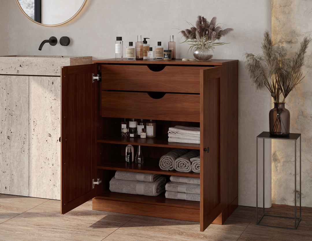 100% Solid Brazilian Pine Wood Bathroom Storage Cabinet, Shaker Doors, 2 Drawers, Adjustable Shelves, 32" Wide, 35.75" Tall