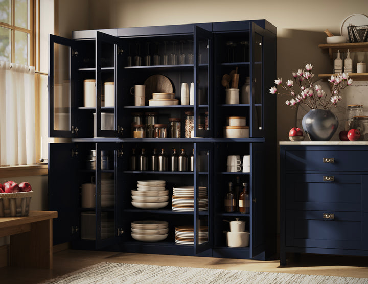 100% Solid Wood 65" China Pantry Cabinet, 6 Clear Glass, 2 Raised Panel Wood Doors