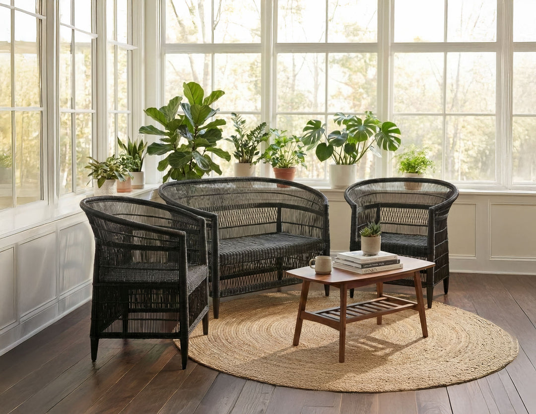100% Handwoven Natural Rattan 3-Piece Indoor Seating Set with 2 Chairs and Loveseat, Solid Wood Frame, Boho Farmhouse, Authentic African Craftsmanship