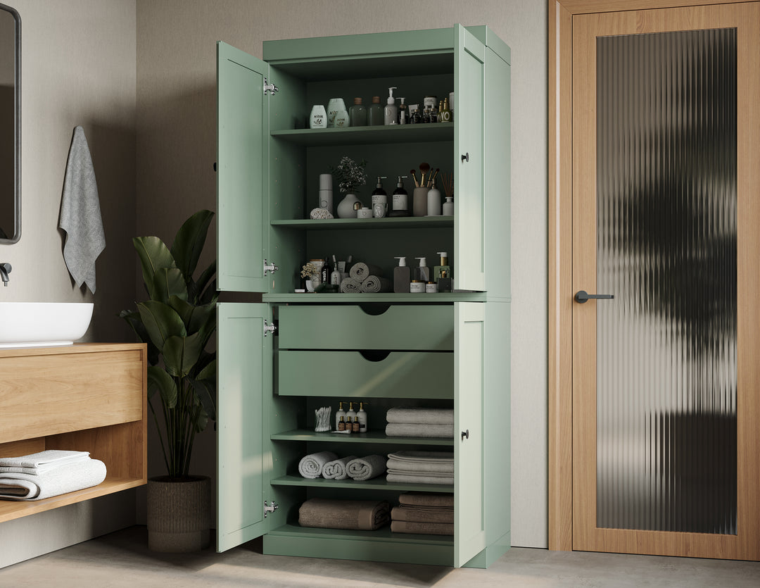 100% Solid Brazilian Pine Wood Bathroom Storage Cabinet, Shaker Doors, 2 Drawers, Adjustable Shelves, 32" Wide, 71.5" Tall