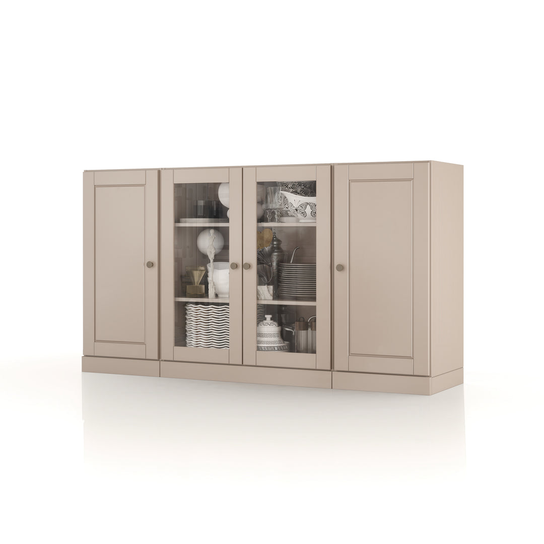 100% Solid Wood 65" Sideboard Cabinet, 2 Clear Glass, 2 Raised Panel Wood Doors, Adjustable Shelves