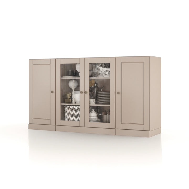 100% Solid Wood 65" Sideboard Cabinet, 2 Clear Glass, 2 Raised Panel Wood Doors, Adjustable Shelves