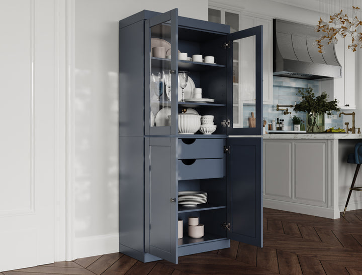 100% Solid Wood 32" Pantry Cabinet, 2 Clear Glass, 2 Shaker Doors, 2-Drawers