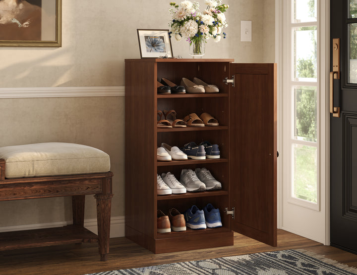 100% Solid Wood Narrow Shoe Storage Cabinet with Raised Panel Door, Adjustable Shelves, Space Saving Stackable Organizer, 16.5" W x 35.75" H
