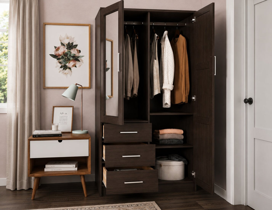 100% Solid Wood 2-Door Wardrobe Armoire with Mirrored Doors, Bedroom Closet Storage - Metro Collection