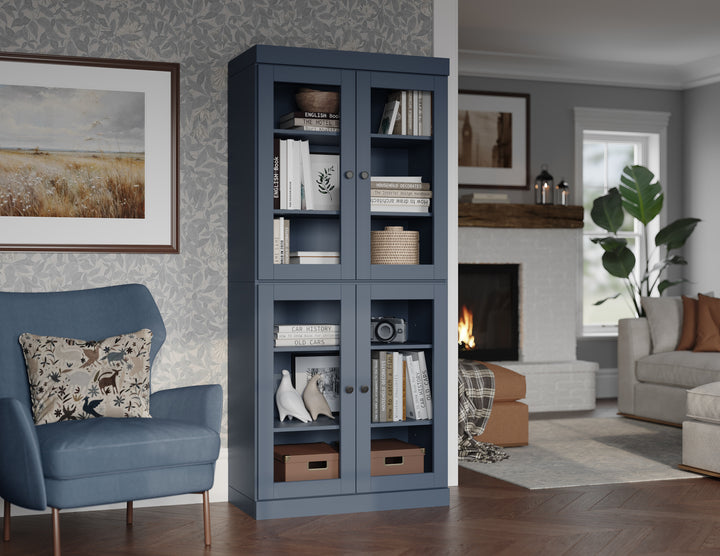 100% Solid Wood 6-Shelf 32" Bookcase, 4 Clear Glass Doors, Adjustable Shelves