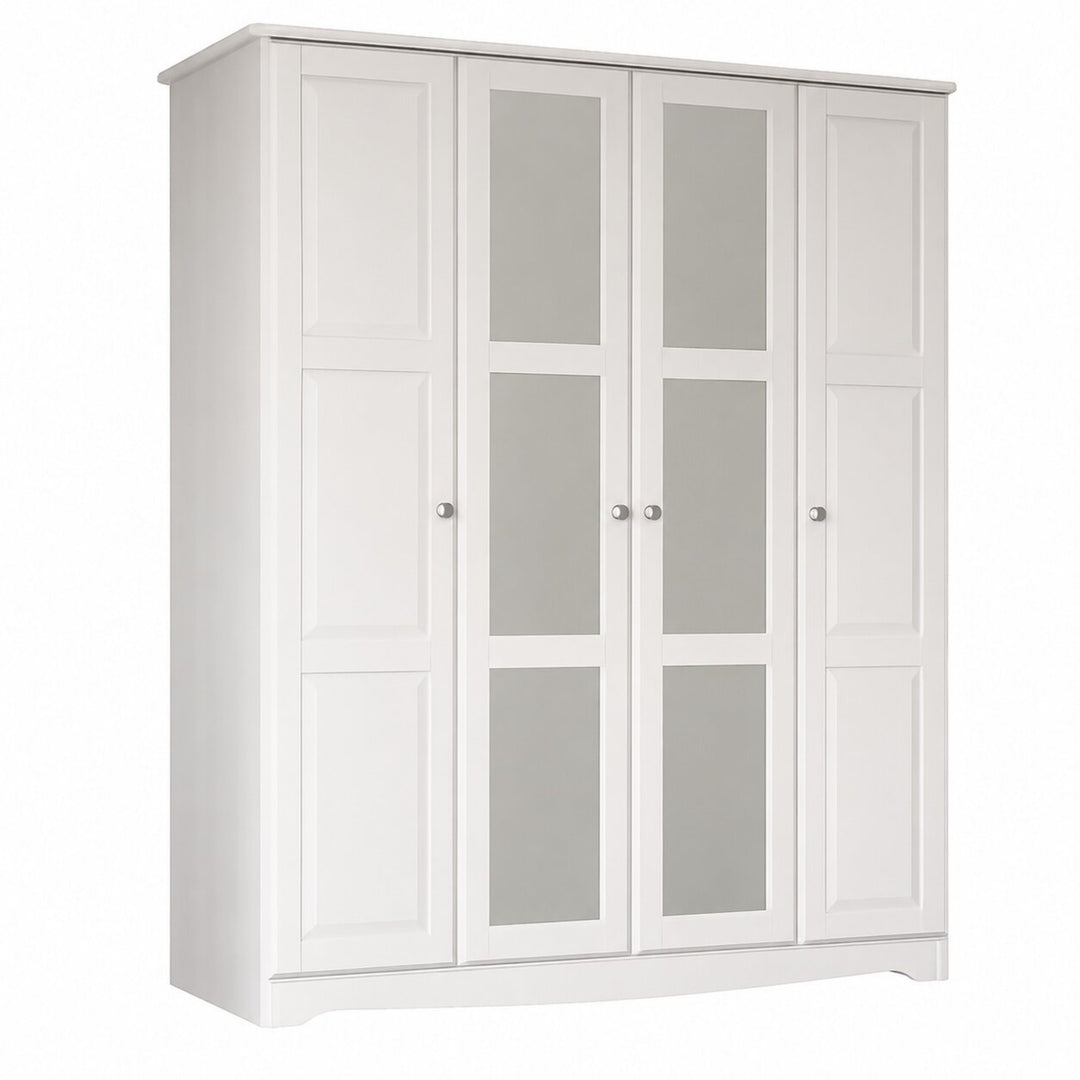 100% Solid Wood 4-Door Wardrobe Armoire with Mirrored Doors, Bedroom Closet Storage - Regal Collection with Metal Knobs