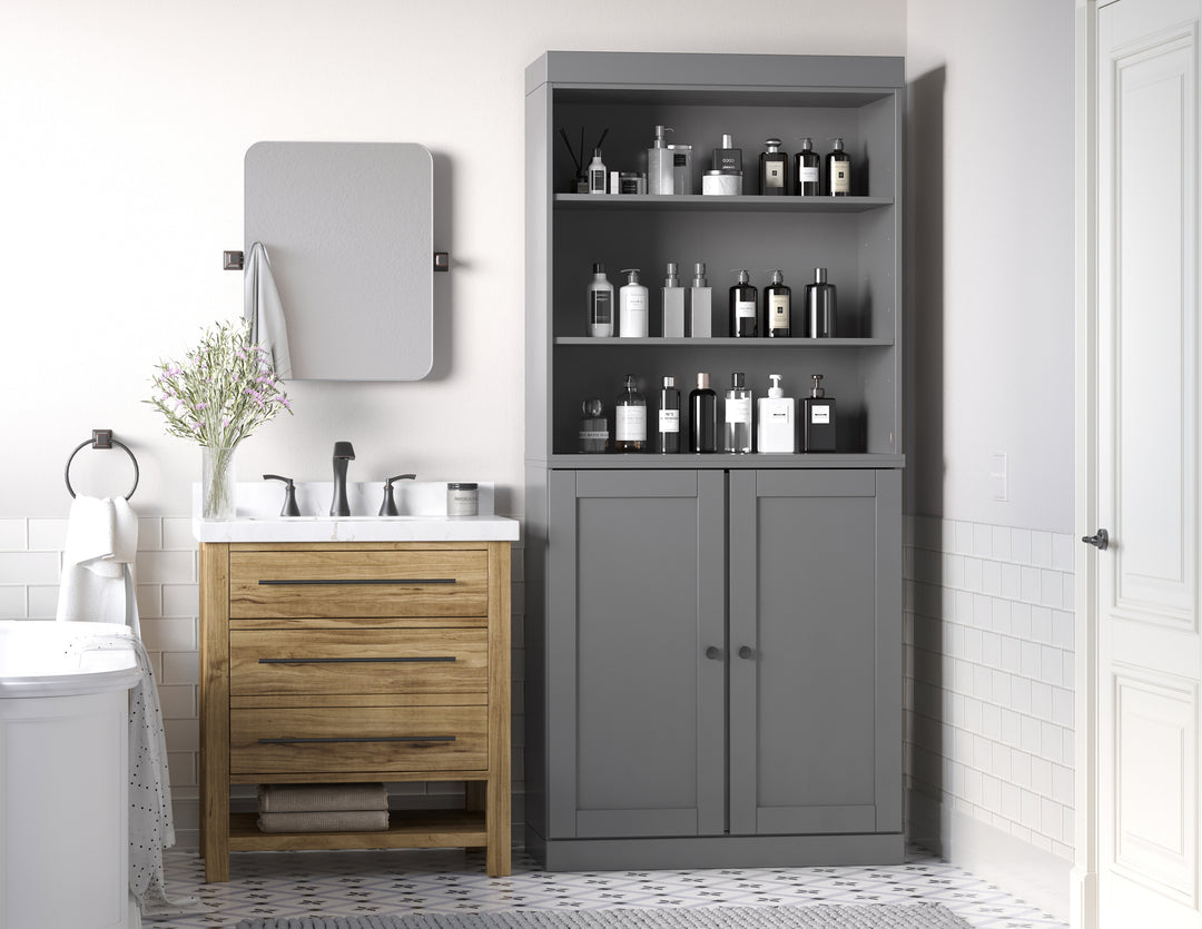 100% Solid Brazilian Pine Wood 32" Bathroom Storage Cabinet with Bottom Shaker Doors and Adjustable Shelves