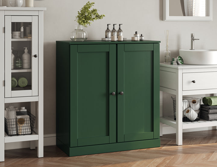 100% Solid Brazilian Pine Wood Bathroom Storage Cabinet, Shaker Doors, 2 Drawers, Adjustable Shelves, 32" Wide, 35.75" Tall