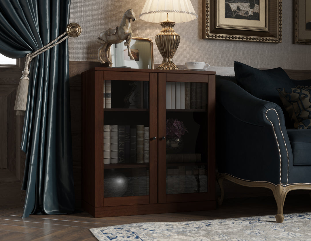 Premium 100% Solid European Oak Hardwood 3-Shelf Modular Bookcase with Tinted Glass Doors – 32" Wide, 35.75" Tall