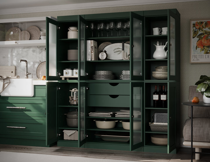 100% Solid Brazilian Pine Wood 65" Pantry Cabinet with Frosted Glass, Shaker Doors, 2-Drawers and Adjustable Shelves