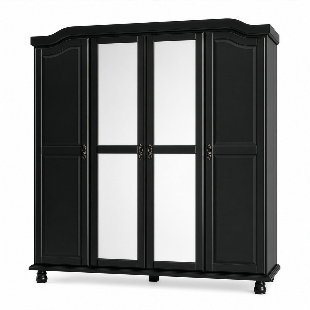 100% Solid Wood 4-Door Wardrobe Armoire with Mirrored Doors, Bedroom Closet Storage - Kyle Collection
