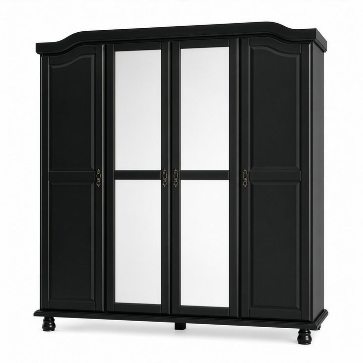 100% Solid Wood 4-Door Wardrobe Armoire with Mirrored Doors, Bedroom Closet Storage - Kyle Collection