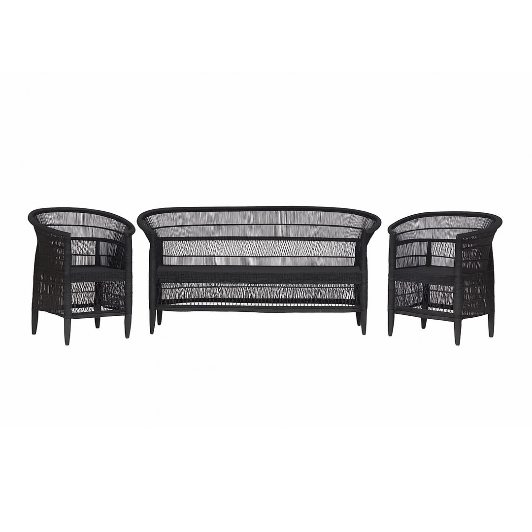 100% Handwoven Natural Rattan 3-Piece Indoor Seating Set with 2 Chairs and 3-Seater Settee, Solid Wood Frame, Boho Coastal Farmhouse, Authentic African Craftsmanship