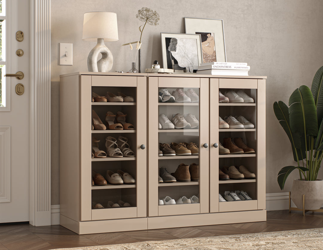 100% Solid Wood Glass Door Shoe Storage Cabinet, Adjustable Shelves, Space Saving Modular Entryway Organizer, 48.5" W x 35.75" H
