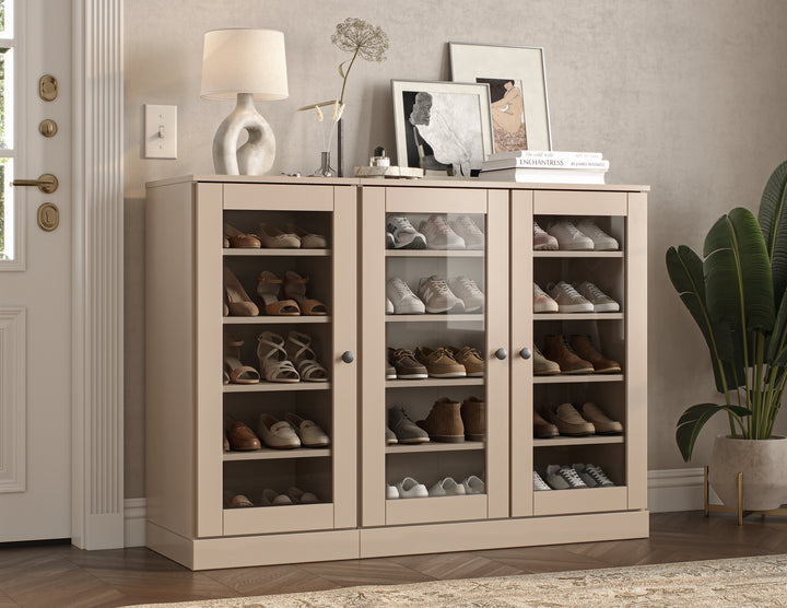 100% Solid Wood Glass Door Shoe Storage Cabinet, Adjustable Shelves, Space Saving Modular Entryway Organizer, 48.5" W x 35.75" H