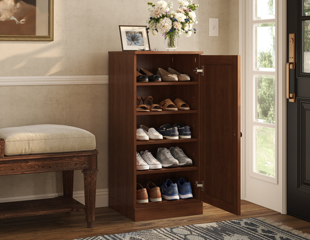 100% Solid Wood Narrow Shoe Storage Cabinet with Shaker Door, Adjustable Shelves, Space Saving Stackable Organizer, 16.5" W x 35.75" H